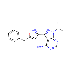 CC(C)n1nc(-c2cc(Cc3ccccc3)on2)c2c(N)ncnc21 ZINC000653775499