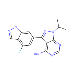 CC(C)n1nc(-c2cc(F)c3cn[nH]c3c2)c2c(N)ncnc21 ZINC000064527667