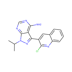 CC(C)n1nc(-c2cc3ccccc3nc2Cl)c2c(N)ncnc21 ZINC000064485787