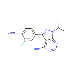 CC(C)n1nc(-c2ccc(C#N)c(F)c2)c2c(N)ncnc21 ZINC000043465534