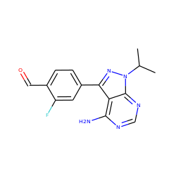 CC(C)n1nc(-c2ccc(C=O)c(F)c2)c2c(N)ncnc21 ZINC000064503644