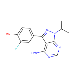 CC(C)n1nc(-c2ccc(O)c(F)c2)c2c(N)ncnc21 ZINC000008581950