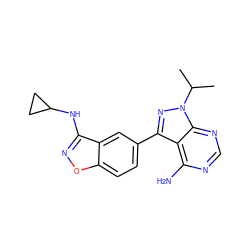 CC(C)n1nc(-c2ccc3onc(NC4CC4)c3c2)c2c(N)ncnc21 ZINC000142467231