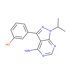 CC(C)n1nc(-c2cccc(O)c2)c2c(N)ncnc21 ZINC000008581890