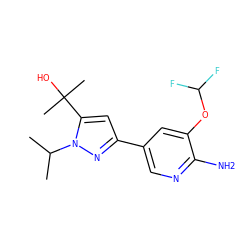 CC(C)n1nc(-c2cnc(N)c(OC(F)F)c2)cc1C(C)(C)O ZINC000146457176