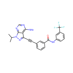 CC(C)n1nc(C#Cc2cccc(C(=O)Nc3cccc(C(F)(F)F)c3)c2)c2c(N)ncnc21 ZINC000653751681