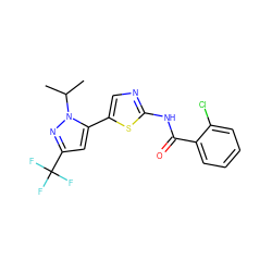 CC(C)n1nc(C(F)(F)F)cc1-c1cnc(NC(=O)c2ccccc2Cl)s1 ZINC000142568475