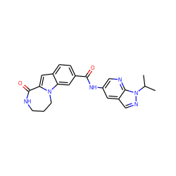 CC(C)n1ncc2cc(NC(=O)c3ccc4cc5n(c4c3)CCCNC5=O)cnc21 ZINC000073240555