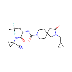 CC(F)(F)C[C@H](NC(=O)N1CCC2(CC1)CC(=O)N(CC1CC1)C2)C(=O)NC1(C#N)CC1 ZINC000113633261