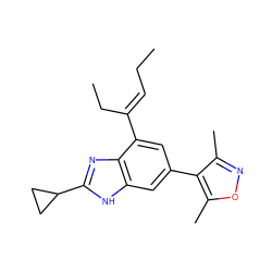 CC/C=C(\CC)c1cc(-c2c(C)noc2C)cc2[nH]c(C3CC3)nc12 ZINC000219256075