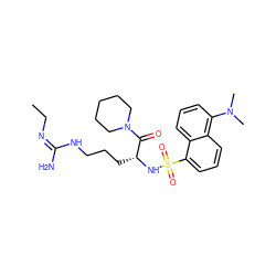 CC/N=C(/N)NCCC[C@@H](NS(=O)(=O)c1cccc2c(N(C)C)cccc12)C(=O)N1CCCCC1 ZINC000029570803