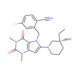 CC[C@@]1(N)CCCN(c2cc3c(c(=O)n(C)c(=O)n3C)n2Cc2cc(F)ccc2C#N)C1 ZINC000072113355