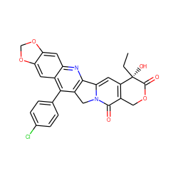 CC[C@@]1(O)C(=O)OCc2c1cc1n(c2=O)Cc2c-1nc1cc3c(cc1c2-c1ccc(Cl)cc1)OCO3 ZINC000028374805