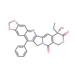 CC[C@@]1(O)C(=O)OCc2c1cc1n(c2=O)Cc2c-1nc1cc3c(cc1c2-c1ccccc1)OCO3 ZINC000028388859