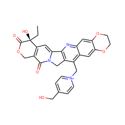 CC[C@@]1(O)C(=O)OCc2c1cc1n(c2=O)Cc2c-1nc1cc3c(cc1c2C[n+]1ccc(CO)cc1)OCCO3 ZINC000027759693