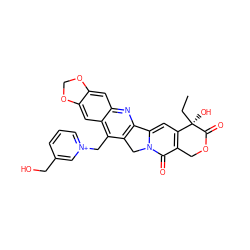 CC[C@@]1(O)C(=O)OCc2c1cc1n(c2=O)Cc2c-1nc1cc3c(cc1c2C[n+]1cccc(CO)c1)OCO3 ZINC000027763164