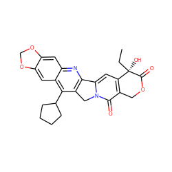 CC[C@@]1(O)C(=O)OCc2c1cc1n(c2=O)Cc2c-1nc1cc3c(cc1c2C1CCCC1)OCO3 ZINC000028366337