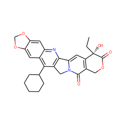 CC[C@@]1(O)C(=O)OCc2c1cc1n(c2=O)Cc2c-1nc1cc3c(cc1c2C1CCCCC1)OCO3 ZINC000028379017