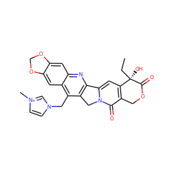 CC[C@@]1(O)C(=O)OCc2c1cc1n(c2=O)Cc2c-1nc1cc3c(cc1c2Cn1cc[n+](C)c1)OCO3 ZINC000027769667