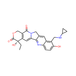 CC[C@@]1(O)C(=O)OCc2c1cc1n(c2=O)Cc2cc3c(CNC4CC4)c(O)ccc3nc2-1 ZINC000013649169