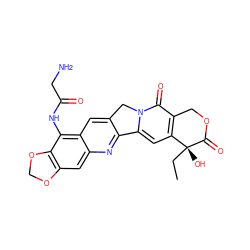 CC[C@@]1(O)C(=O)OCc2c1cc1n(c2=O)Cc2cc3c(NC(=O)CN)c4c(cc3nc2-1)OCO4 ZINC000013832885