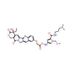 CC[C@@]1(O)C(=O)OCc2c1cc1n(c2=O)Cc2cc3cc(OCC(=O)ONc4cc(C(=O)NCCCN(C)C)n(COC)c4)ccc3nc2-1 ZINC000038377681