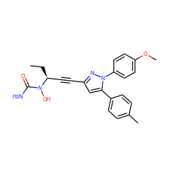 CC[C@@H](C#Cc1cc(-c2ccc(C)cc2)n(-c2ccc(OC)cc2)n1)N(O)C(N)=O ZINC000028096260