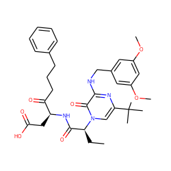 CC[C@@H](C(=O)N[C@@H](CC(=O)O)C(=O)CCCc1ccccc1)n1cc(C(C)(C)C)nc(NCc2cc(OC)cc(OC)c2)c1=O ZINC000028880659