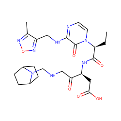 CC[C@@H](C(=O)N[C@@H](CC(=O)O)C(=O)CNCN1C2CCC1CC2)n1ccnc(NCc2nonc2C)c1=O ZINC000028125325