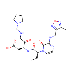 CC[C@@H](C(=O)N[C@@H](CC(=O)O)C(=O)CNCN1CCCC1)n1ccnc(NCc2nonc2C)c1=O ZINC000028136341