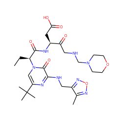 CC[C@@H](C(=O)N[C@@H](CC(=O)O)C(=O)CNCN1CCOCC1)n1cc(C(C)(C)C)nc(NCc2nonc2C)c1=O ZINC000028128616