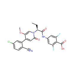 CC[C@@H](C(=O)Nc1cc(F)c(C(=O)O)c(F)c1)n1cc(OC)c(-c2cc(Cl)ccc2C#N)cc1=O ZINC001772625802