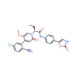 CC[C@@H](C(=O)Nc1ccc(-c2c[nH]c(=O)o2)cc1)n1cc(OC)c(-c2cc(Cl)ccc2C#N)cc1=O ZINC001772643840