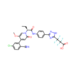 CC[C@@H](C(=O)Nc1ccc(-c2n[nH]c(C(F)(F)C(F)(F)C(=O)O)n2)cc1)n1cc(OC)c(-c2cc(Cl)ccc2C#N)cc1=O ZINC001772587442