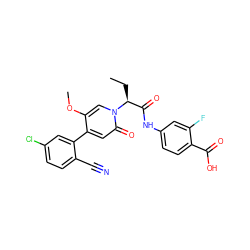 CC[C@@H](C(=O)Nc1ccc(C(=O)O)c(F)c1)n1cc(OC)c(-c2cc(Cl)ccc2C#N)cc1=O ZINC001772618165