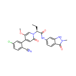 CC[C@@H](C(=O)Nc1ccc2c(=O)n(C)[nH]c2c1)n1cc(OC)c(-c2cc(Cl)ccc2C#N)cc1=O ZINC000220687941