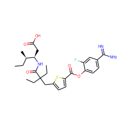 CC[C@@H](C)[C@@H](CC(=O)O)NC(=O)C(CC)(CC)Cc1ccc(C(=O)Oc2ccc(C(=N)N)cc2F)s1 ZINC000261179649