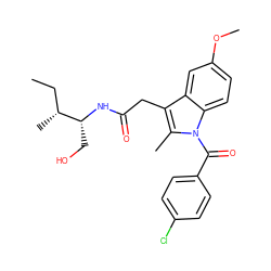 CC[C@@H](C)[C@@H](CO)NC(=O)Cc1c(C)n(C(=O)c2ccc(Cl)cc2)c2ccc(OC)cc12 ZINC000013441218