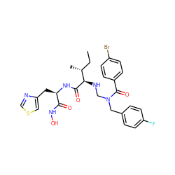 CC[C@@H](C)[C@@H](NCN(Cc1ccc(F)cc1)C(=O)c1ccc(Br)cc1)C(=O)N[C@H](Cc1cscn1)C(=O)NO ZINC000026572762