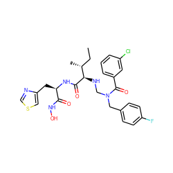 CC[C@@H](C)[C@@H](NCN(Cc1ccc(F)cc1)C(=O)c1cccc(Cl)c1)C(=O)N[C@H](Cc1cscn1)C(=O)NO ZINC000026505790