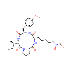 CC[C@@H](C)[C@@H]1NC(=O)[C@@H](Cc2ccc(OC)cc2)NC(=O)[C@H](CCCCCN(O)C=O)NC(=O)[C@@H]2CCCN2C1=O ZINC000026487767