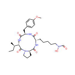 CC[C@@H](C)[C@@H]1NC(=O)[C@@H](Cc2ccc(OC)cc2)NC(=O)[C@H](CCCCCN(O)C=O)NC(=O)[C@H]2CCCN2C1=O ZINC000026479944