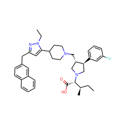 CC[C@@H](C)[C@H](C(=O)O)N1C[C@H](CN2CCC(c3cc(Cc4ccc5ccccc5c4)nn3CC)CC2)[C@@H](c2cccc(F)c2)C1 ZINC000028020332