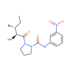 CC[C@@H](C)[C@H](N)C(=O)N1CCCN1C(=O)Nc1cccc([N+](=O)[O-])c1 ZINC000028134438