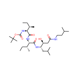 CC[C@@H](C)[C@H](NC(=O)OC(C)(C)C)C(=O)N[C@H](C(=O)N[C@@H](CC(C)C)[C@@H](O)CC(=O)NCCC(C)C)[C@H](C)CC ZINC000027548758