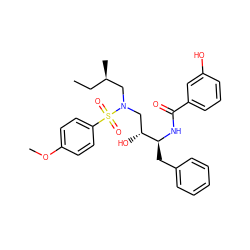 CC[C@@H](C)CN(C[C@@H](O)[C@H](Cc1ccccc1)NC(=O)c1cccc(O)c1)S(=O)(=O)c1ccc(OC)cc1 ZINC000044361201