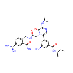 CC[C@@H](C)NC(=O)c1cc(N)cc(-c2cnc(NC(C)C)c(=O)n2CC(=O)NCc2ccc(C(=N)N)cc2C(N)=O)c1 ZINC000014210009