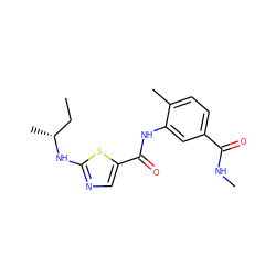 CC[C@@H](C)Nc1ncc(C(=O)Nc2cc(C(=O)NC)ccc2C)s1 ZINC000024967201