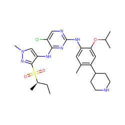 CC[C@@H](C)S(=O)(=O)c1nn(C)cc1Nc1nc(Nc2cc(C)c(C3CCNCC3)cc2OC(C)C)ncc1Cl ZINC000653745170