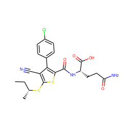 CC[C@@H](C)Sc1sc(C(=O)N[C@@H](CCC(N)=O)C(=O)O)c(-c2ccc(Cl)cc2)c1C#N ZINC000103301102